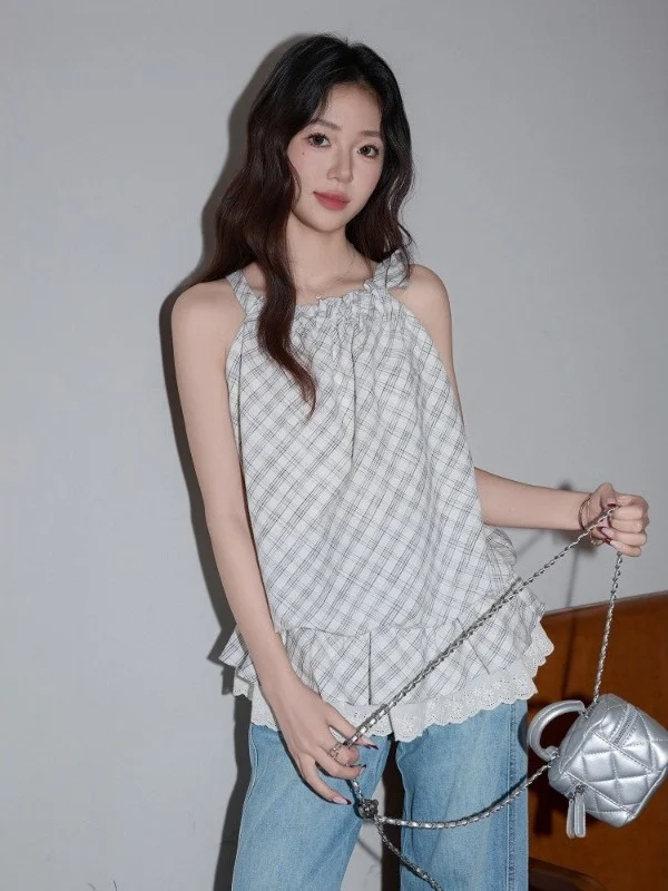 

plus Size Women's Lace Splice Plaid Strap Vest Summer Fashionable Top Korean Style Breathable Comfortable Korean Version