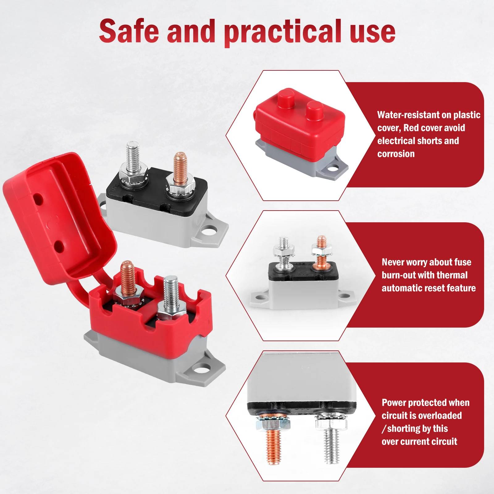 Automatic Reset Circuit Breaker with Cover Dual Battery Fuse Stud Bolt DC 6-48V 15/20/30/50A IP66 Waterproof Auto Reset Breaker