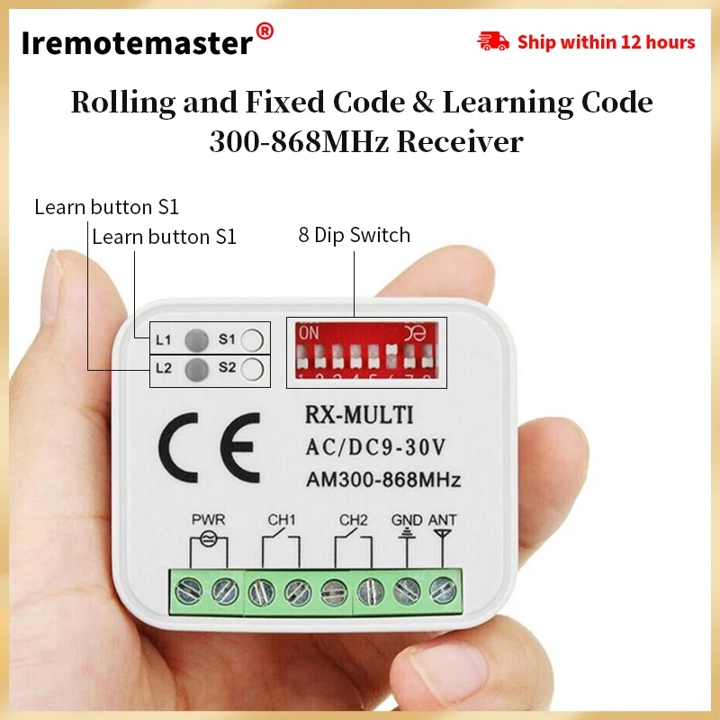 

Universal RX Multi Frequency 300-900MHz Receiver 2CH AC/DC 9-30V Relay Module Garage Door Remote Control 433.92MHz 868MHz