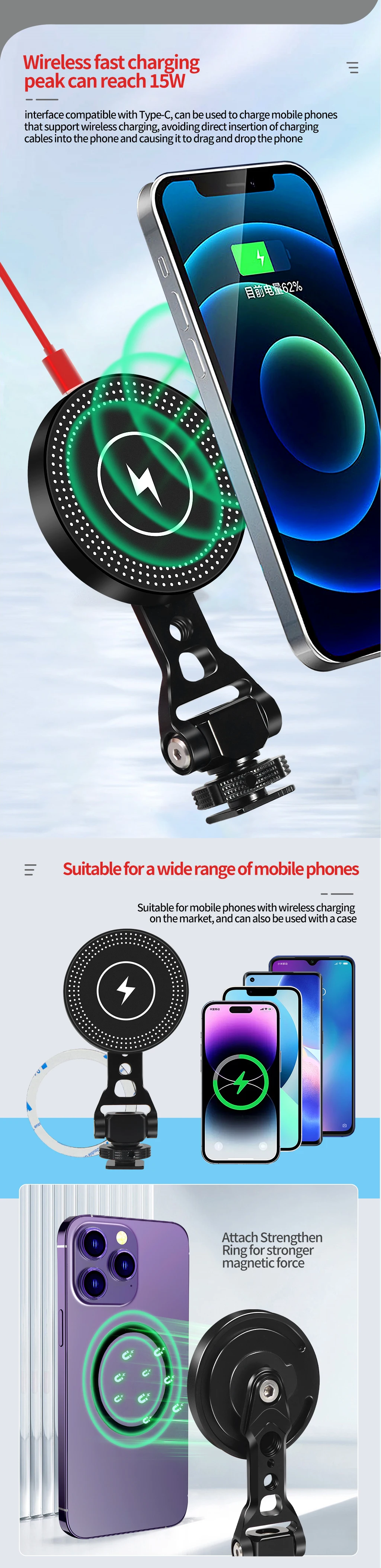 Neue Magnetische 10W Drahtlose Ladegerät Handy Halter Stehen Kugelkopf Tilt 1/4 Kalten Schuh Halterung für iPhone Magsafe magnet Halterung – Detail 2