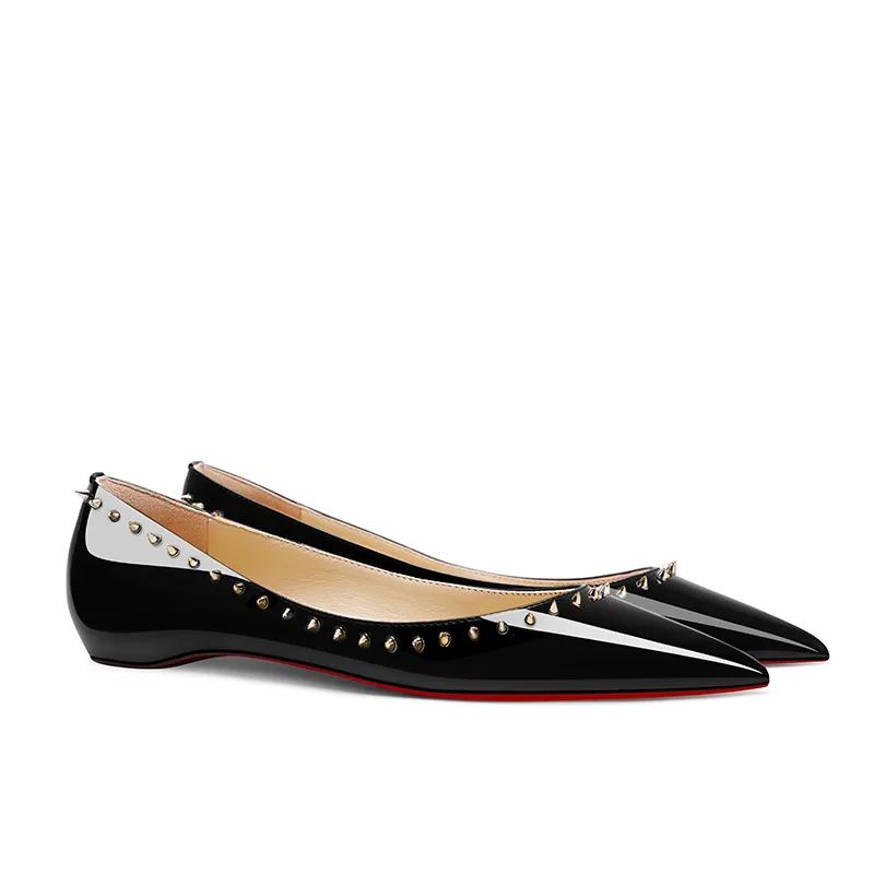 Women Leather Fllats Shoes Luxury Hidden 1CM Low Heels with Rivet Sheep Skin Leahter Flat Sandals Shallow Women Red Bottom Shoes