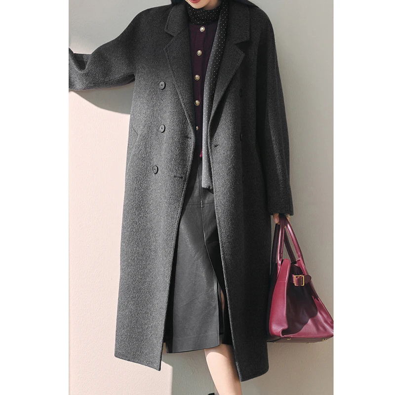 معطف صوف مزدوج الوجه 100% للنساء شتوي أنيق بأكمام طويلة وياقة على شكل طية صدر السترة للسيدات ملابس خارجية مستقيمة مزدوجة الصدر من الصوف