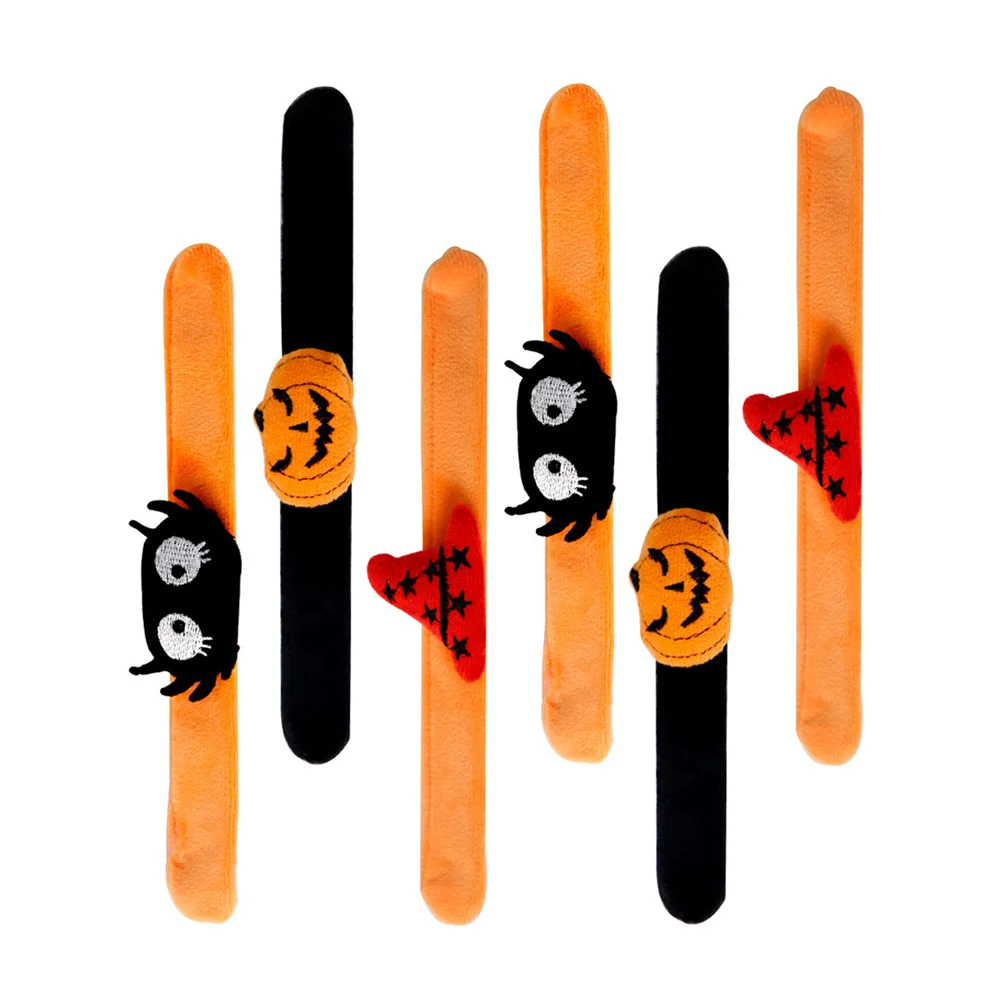 

6pcs Pumpkin Spider PVC Velvet Slap Bracelets Kids Wrist Bands Halloween Party Toys Bulk Snap Wristbands Adjustable Size