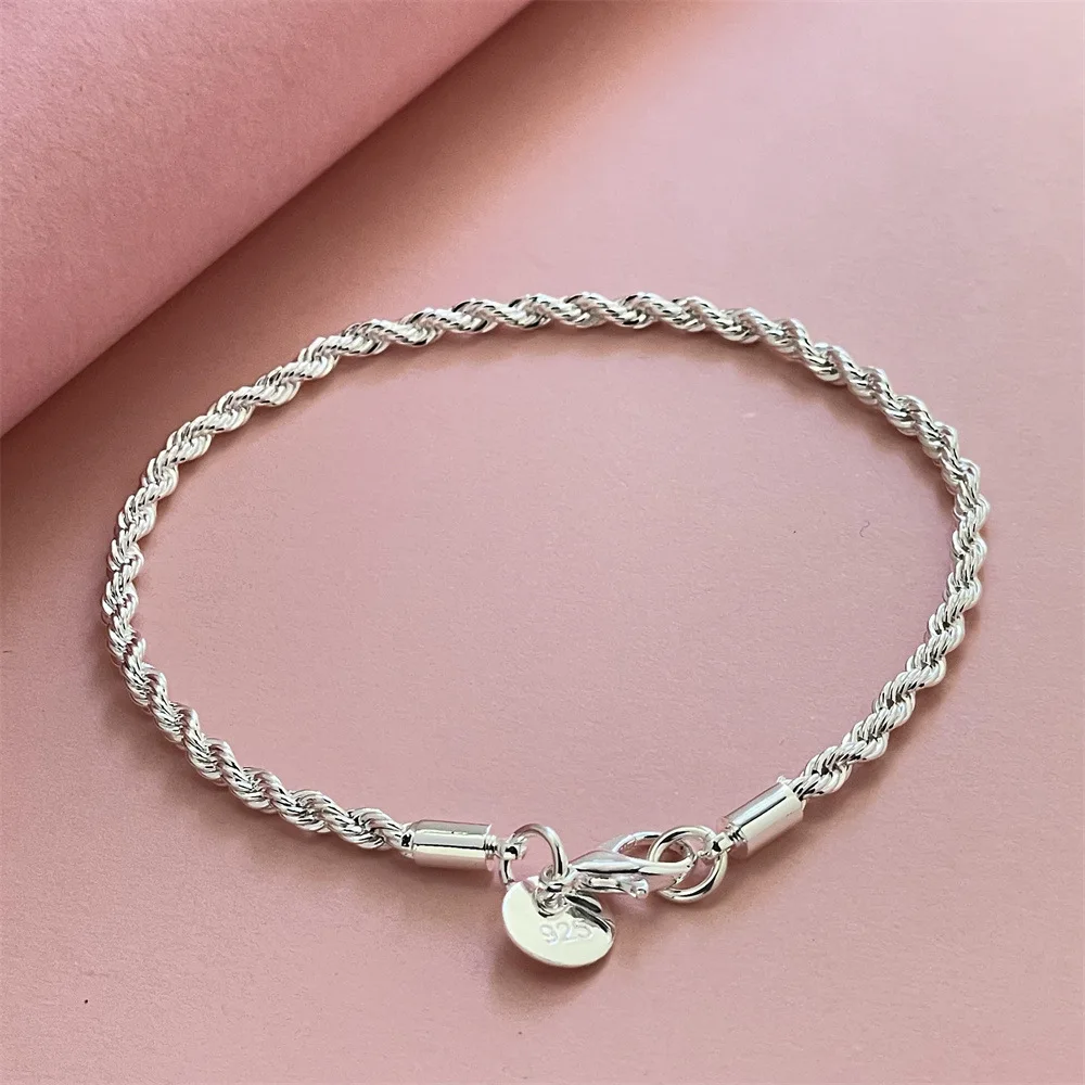 Bracelets en argent regardé 925 pour hommes et femmes, ULtorsadée simple, bracelet à breloques unisexe, fête de couple, cadeaux de bijoux de mariage, 4mm