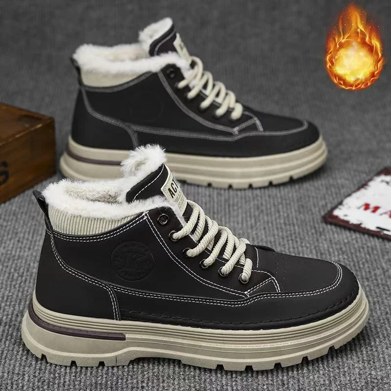 2026 Neue Herren Winter Gefütterte Stiefel Retro Arbeitsstiefel Warme Baumwollstiefel Schwarz PU-Leder Runde Zehenkappe