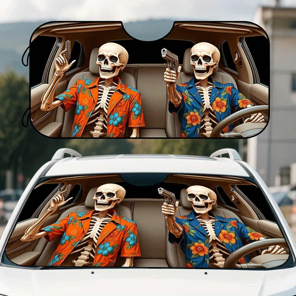 1pc, Skeleton Gangster Car Art Print Windshield Sunshade for Car, Stylish and Practical Interior Accessory