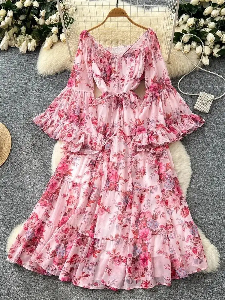 Vestido de praia francês feminino sexy fora do ombro manga alargada floral chiffon vestidos longos outono folha de lótus babados longo robe