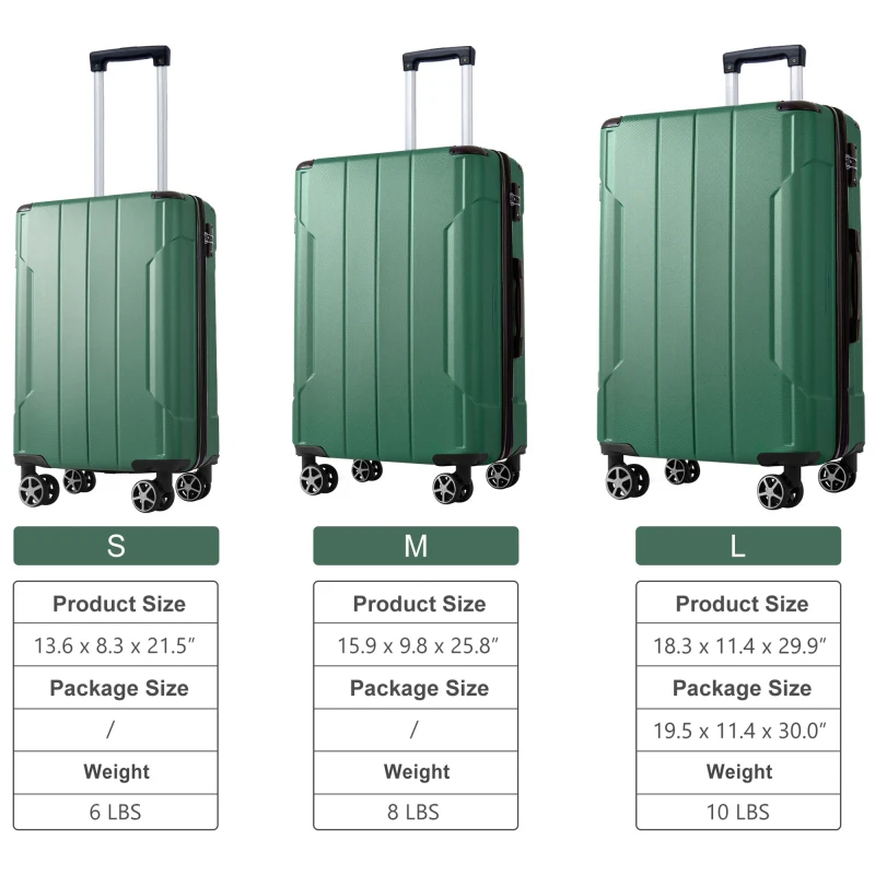 3 Piece Hard Shell ABS Lightweight Durable Suitcases With Double Spinner Wheels 20/24/28 Inch (Green)