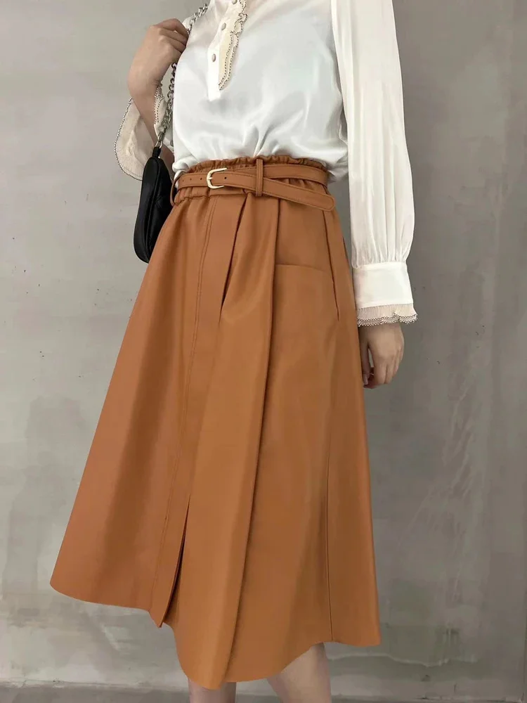 Italian Luxury Fashion Leather Skirts For Women Vintage Shows Thin Orange Brown Pleated Long Dress With Belt Mujer Faldas Largas