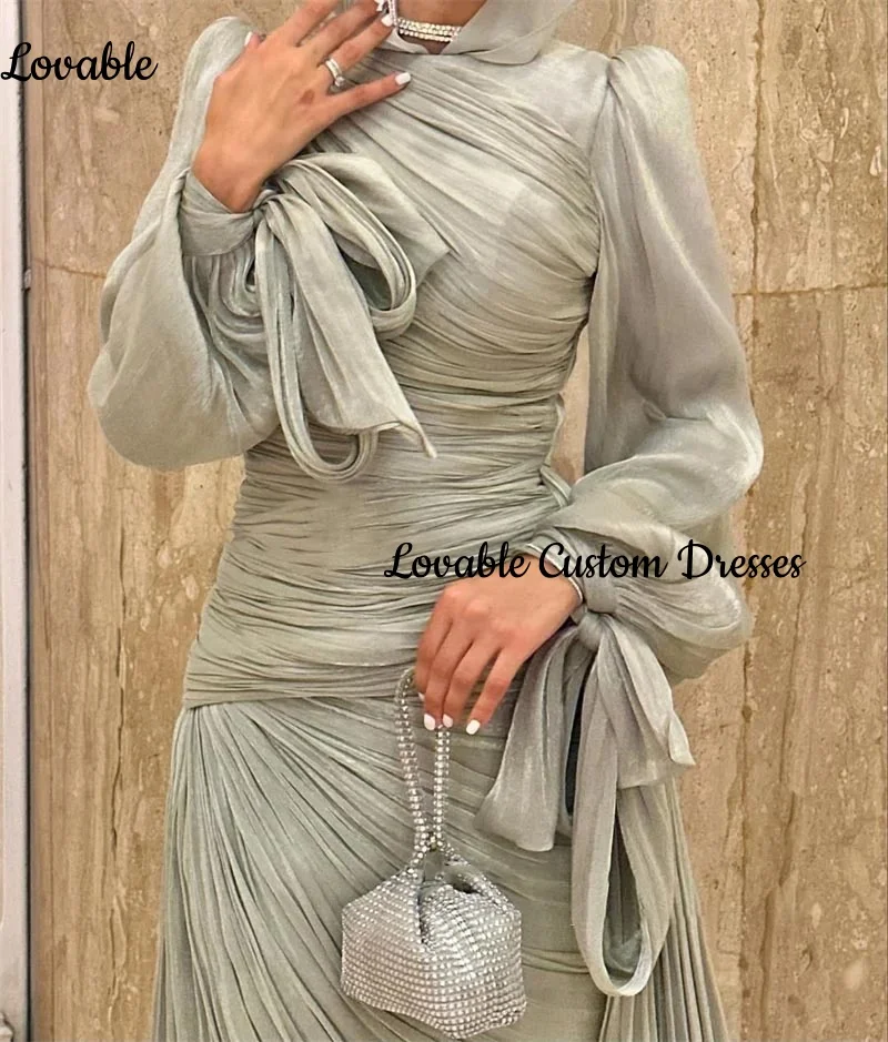 Customized Scoop Neckline Ruffle Dresses For Prom A-Line Elegant Party Dresses For Women 2025 Floor-Length Zipper Up Long Sleeve