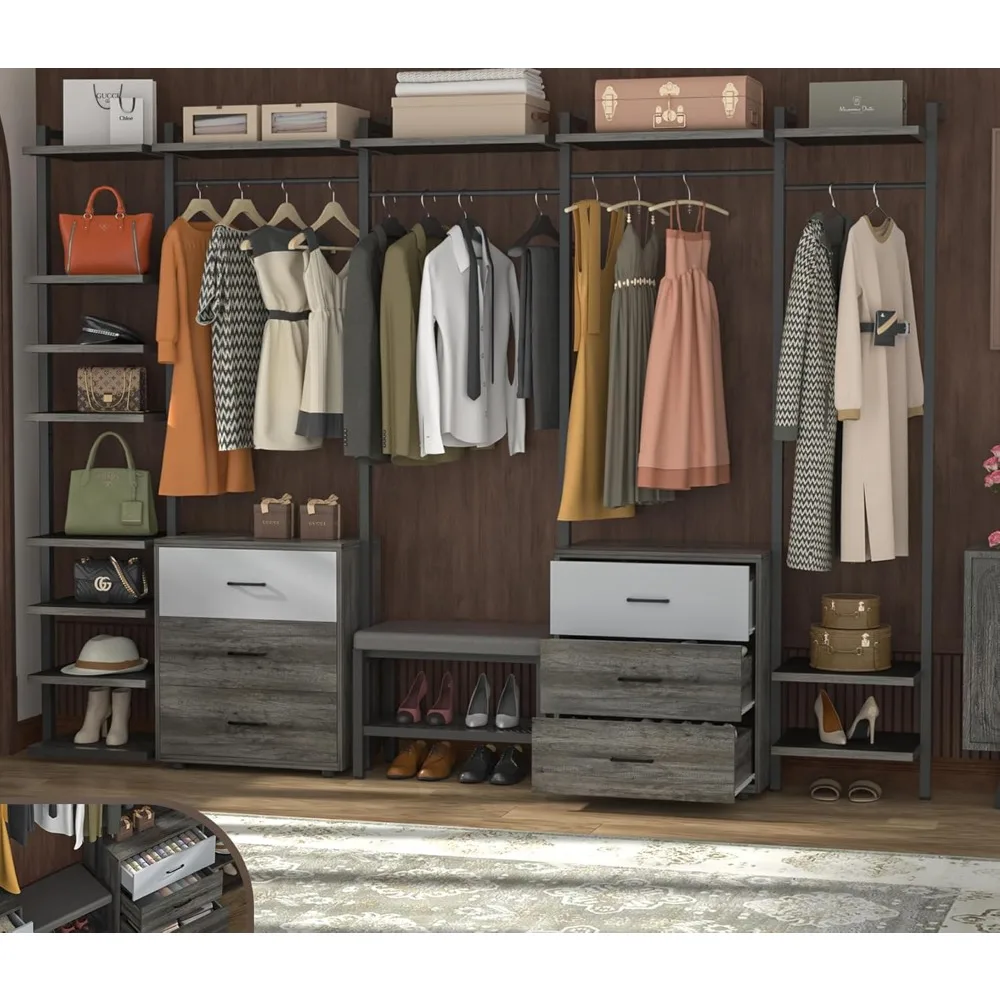 

8FT Closet Organizer Systems with 6-Drawers, 96'' Wood Closet Organizer with Storage for Walk In Closets, Closet Garment Rack