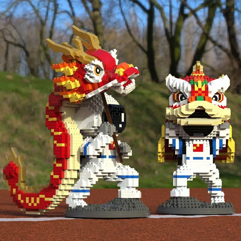 Building Blocks Astronaut Dragon And Lion Dance Chinese Traditional Culture Mini Model Micro Bricks Toy For Kids Gift 14+y