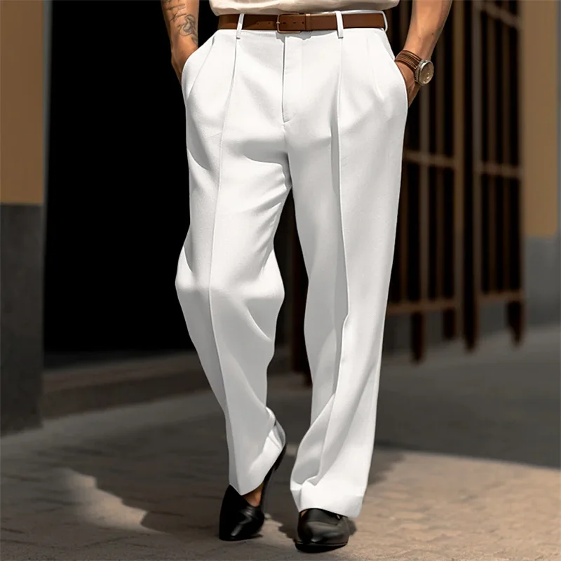

KIDWHXR Man Straight-leg Pant Loose Pleated Solid Color Male Suit Pant Business Daily Office Banquet Wedding Men Trousers