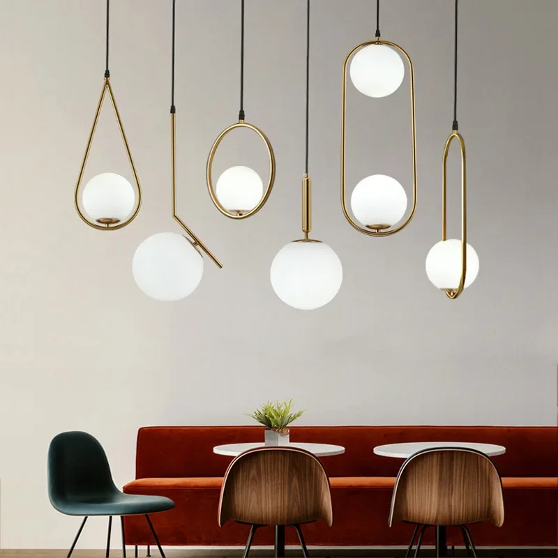 Modern Glass Ball Pendant Light Fixture Luminaire Hanging Lamps Gold Ring Bedroom Living Room Shop Restaurant Lighting Decor