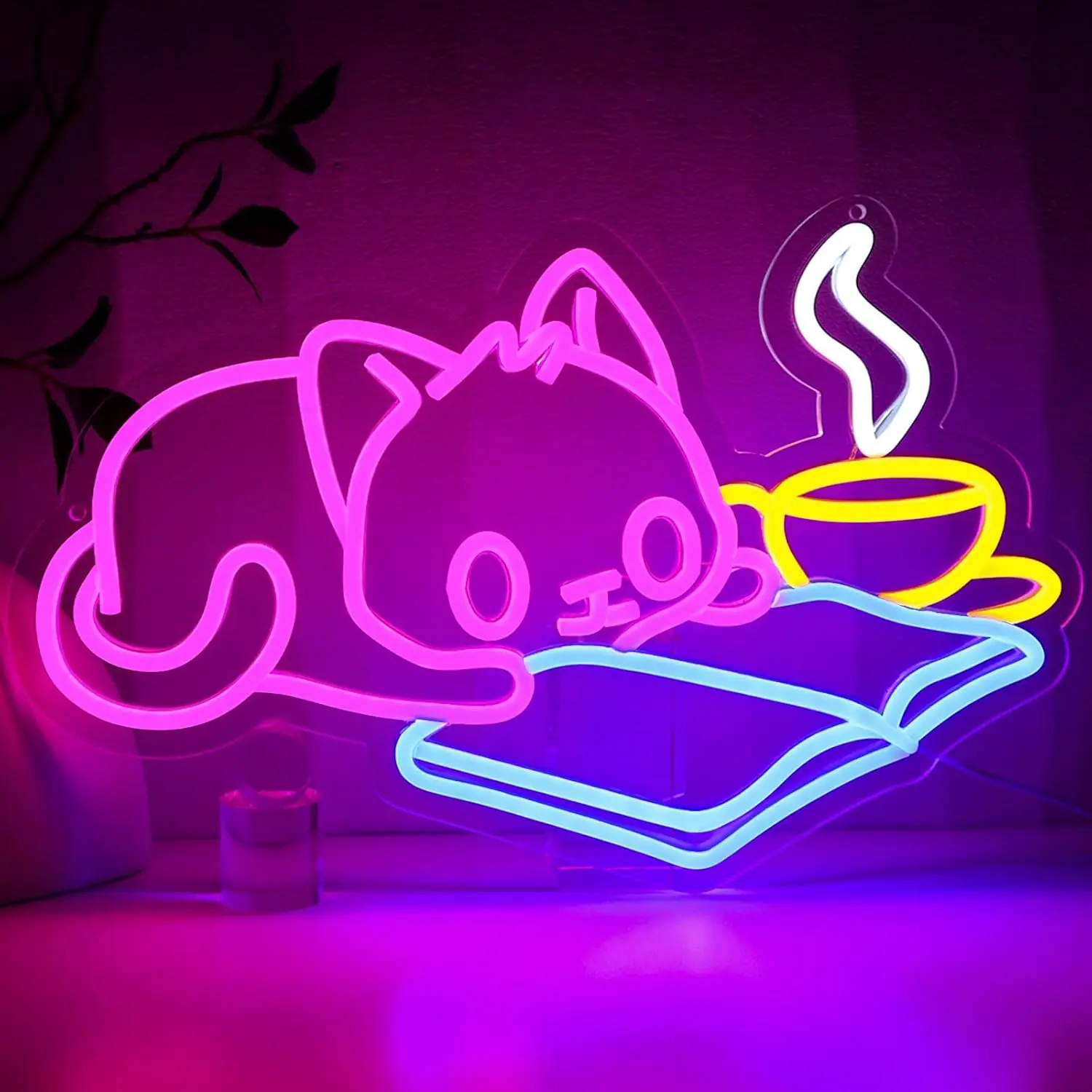 Lovely Book Reading Cat Led Neon Light Adjustable Brightness Lamp for Study Corner Cafe Bedroom Inspirational Decor