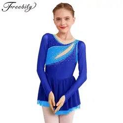 Vestidos de patinaje artístico para niñas, vestido de leotardo de baile de Ballet con bloques de Color, ropa de baile de manga larga de malla transparente con diamantes de imitación brillantes