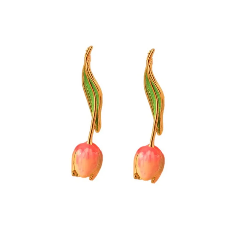 

Gentle Elegant Romantic Handmade Enamel Stud Earrings Pink Painted Tulip Flower Earring Sweet Pastoral Series High-end Earrings