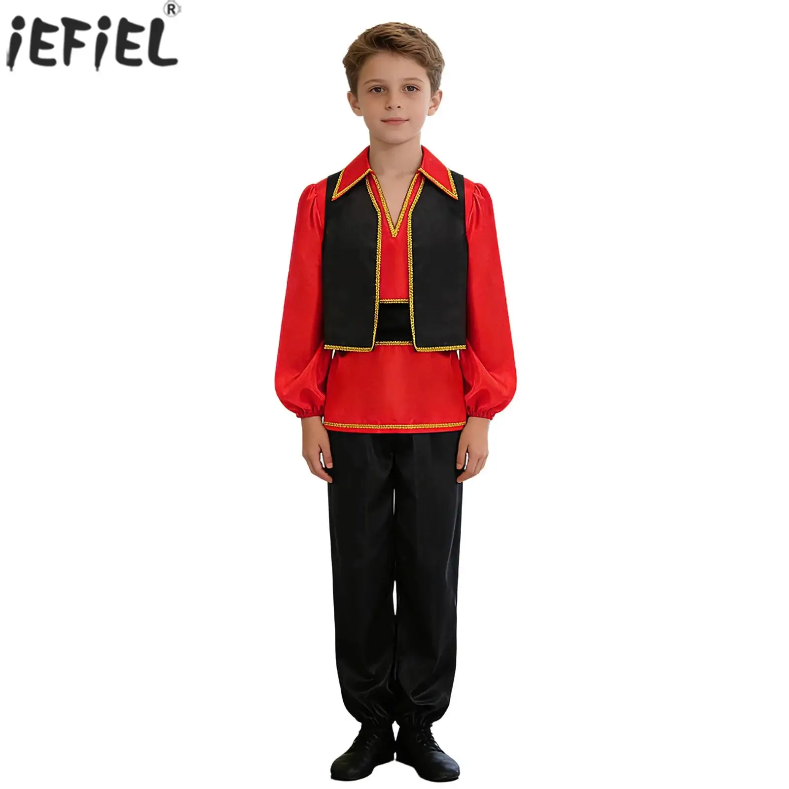 Boys Flamenco Dance Costume V Neck Long Sleeve Braid Trim Vest Shirt Top with Long Pants Waistbelt Spanish Ballroom Performance