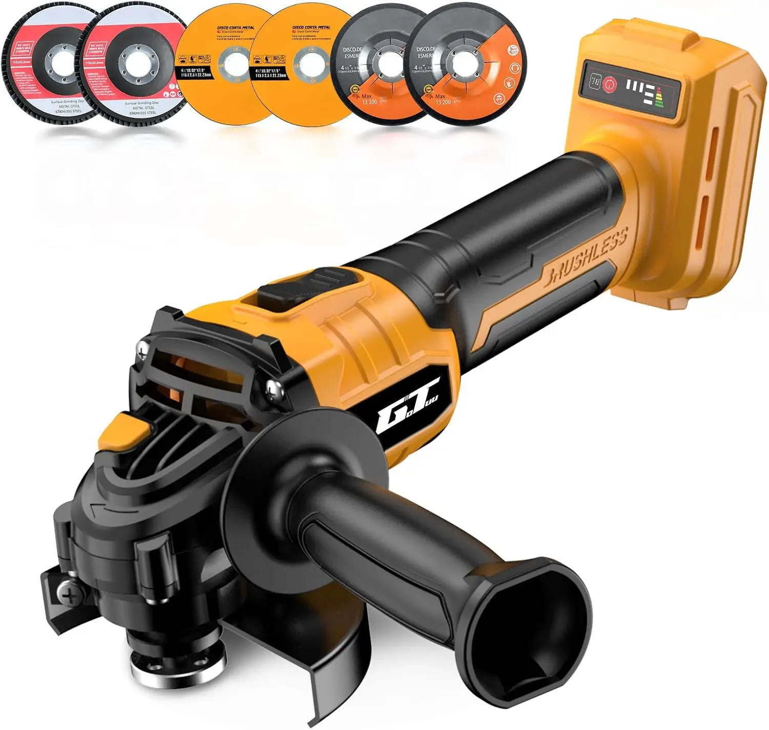 

4-1/2 Inch Cordless Angle Grinder, 9500RPM Brushless Motor, Tool Only with 6 Discs for Cutting and Polishing