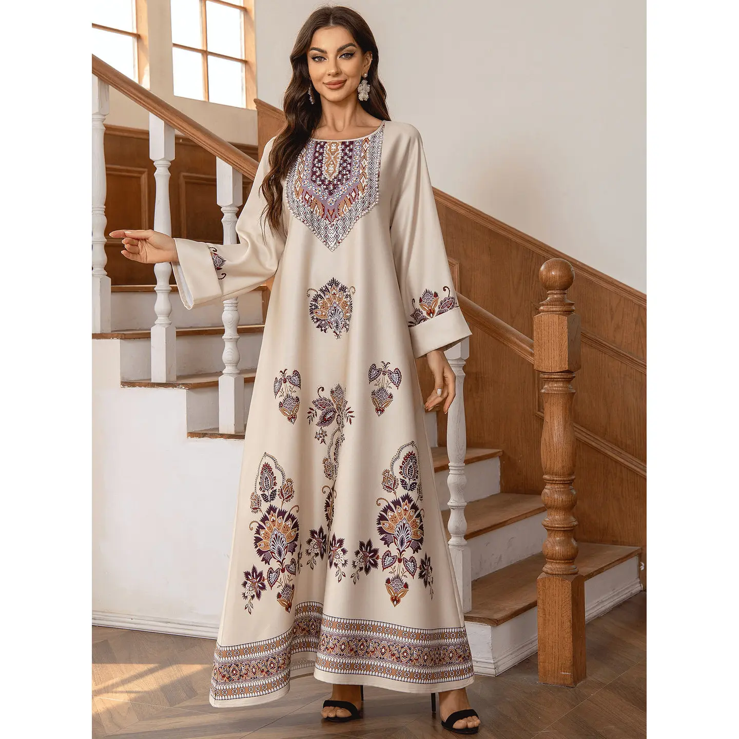 

Ladies round Neck Print Long Dress Loose A-Line Gown Elegant Ethnic Style Women's Clothing Spring Season Fashion Trend