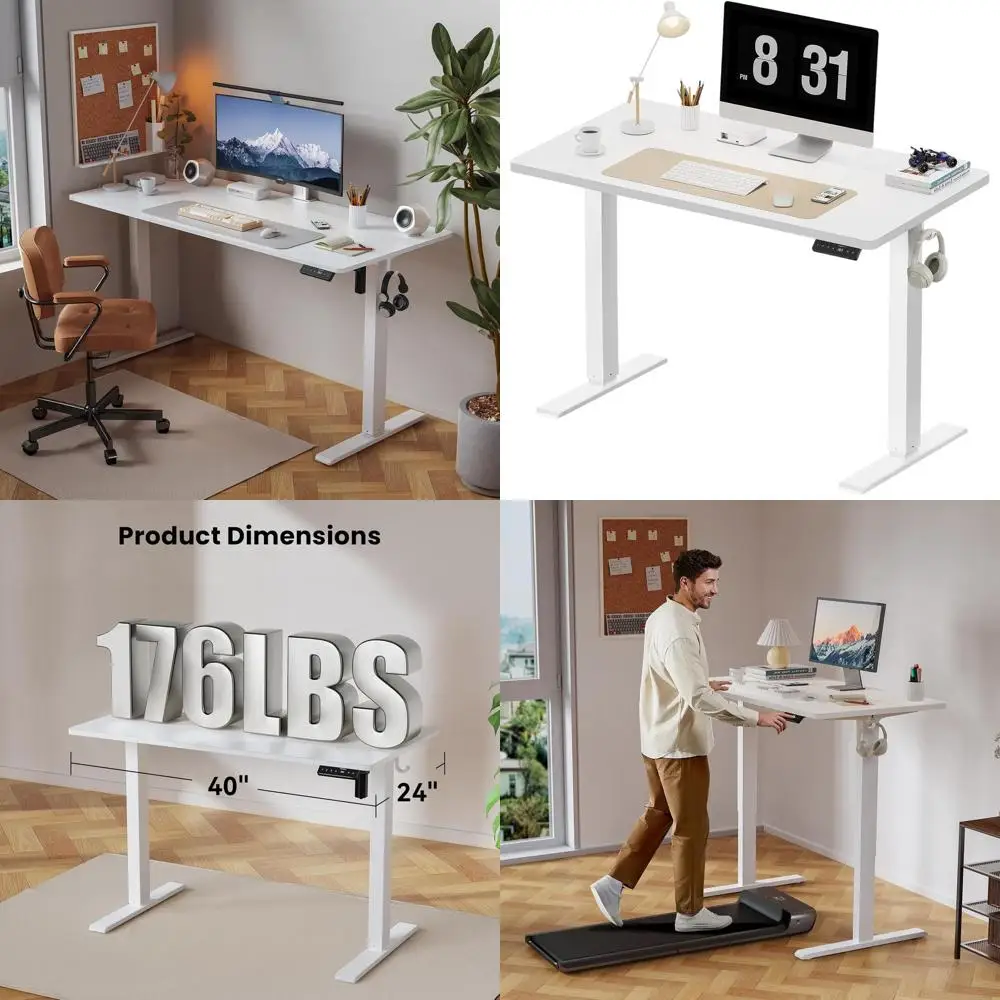 

Ergonomic Height-Adjustable Standing Desk with Hooks, 40x24 Inches, White, for Home or Office Use