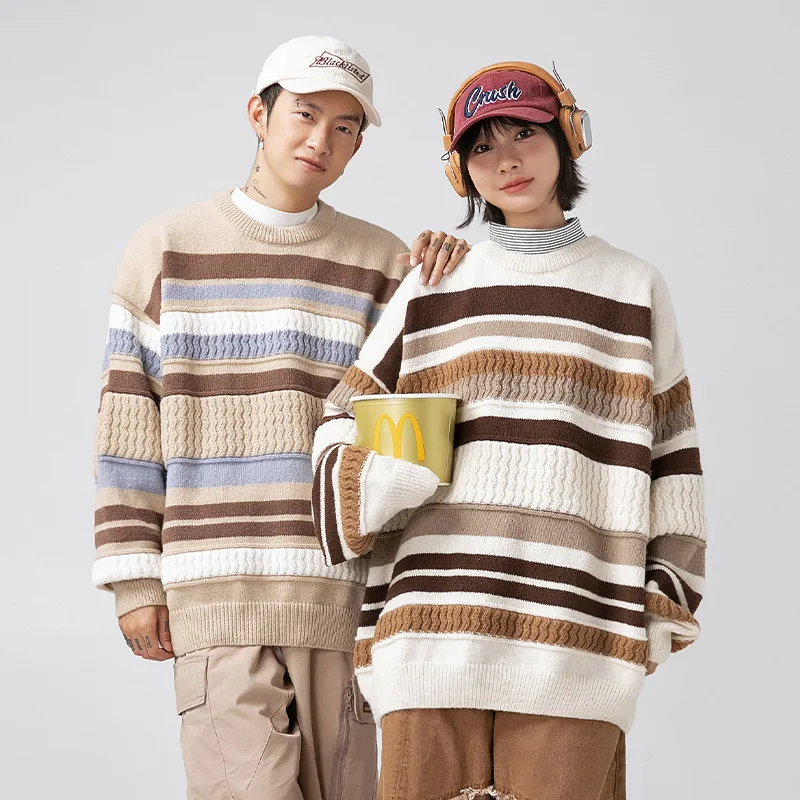 

Unisex Sweater 2025 Autumn Winter Women Knitting Sweater Japanese Style Striped Color Block Loose Men's Knit Outerwear
