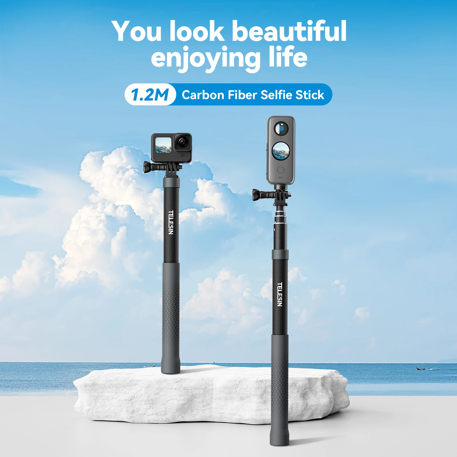 

TELESIN 1.2M 3M Carbon Fiber Selfie Stick Monopod Extendable With 1/4 Screw For GoPro 13 12 11 10 Insta360 X3 DJI Action 4 Cam