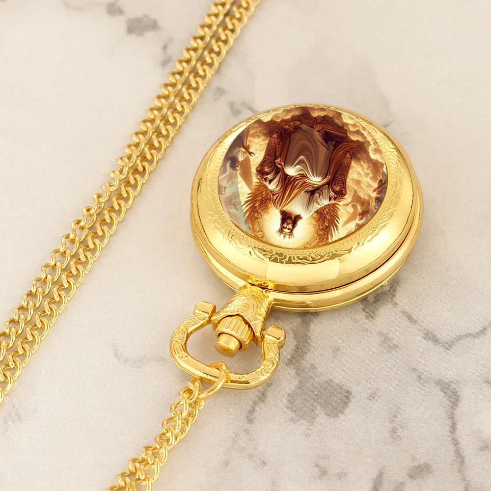 パーソナライズされたファッションゴールデンステンレス鋼神秘的なイエスデザインクォーツ懐中時計ネックレス女性男性ジュエリーペンダントチェーン