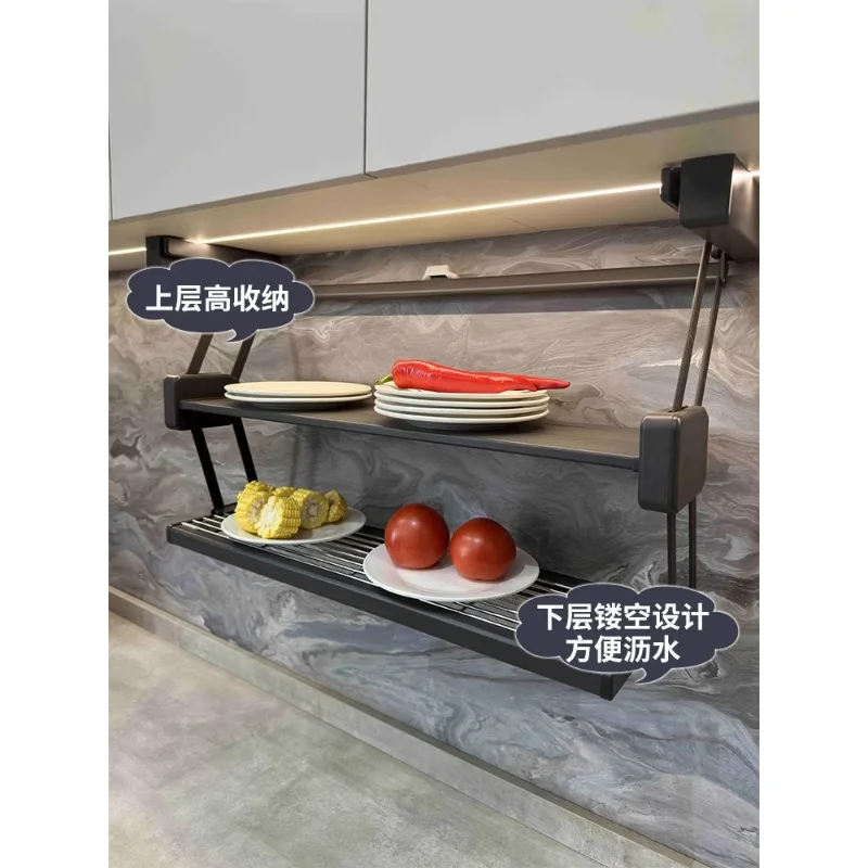 Hanging cabinet folding rack pull-down double-layer lifting telescopic dish preparation, seasoning, dishes, storage