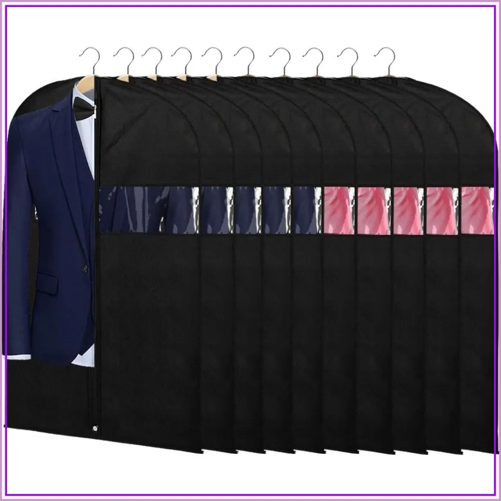 

40" Suit Bags for Closet Storage (Set of 10) - Garment Bags for Hanging Clothes with Zipper and Transparent Window, Black