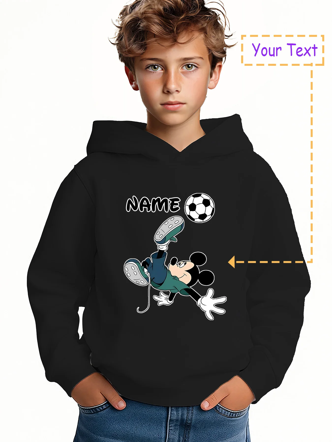 

MINISO Mickey Mouse Soccer Stunt Hoodie - Featuring Mickey Mouse's soccer stunt graphic and a minimalist "NAME" design