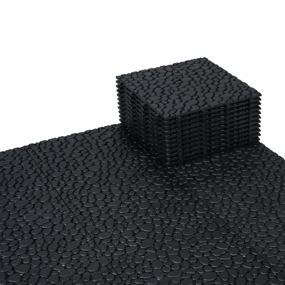 Plastic Interlocking Cobbled Stone Tile 12x12 inch 60PCS Black for Garden Patio Walkway