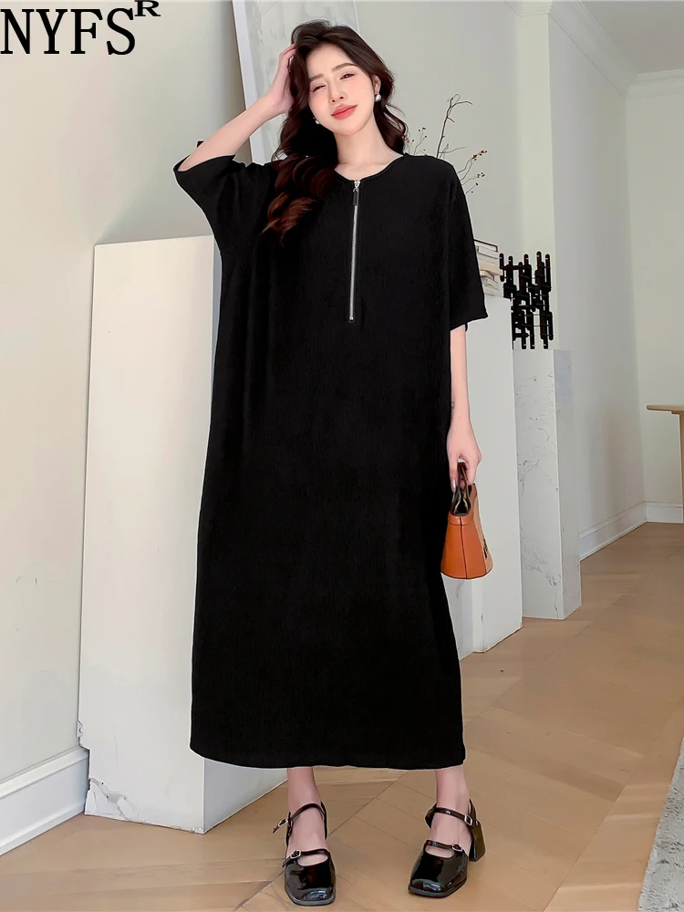 NYFS 2023 Summer New Korea Solid Woman Dress Vestidos Robe Elbise Loose Plus Size Zipper Short Sleeves Long Dress