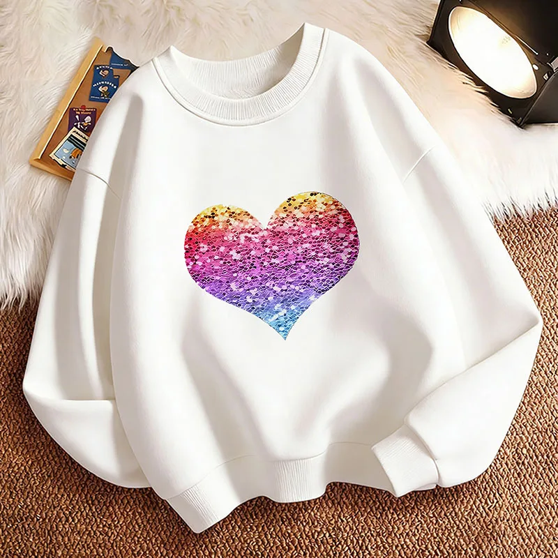 Modischer Kinder-Sweatshirt-Pullover Frühling Bunter Herzdruck Rundhals Grafik-Print Hoodie für Jungen/Mädchen Kinder-Kapuzenpullover