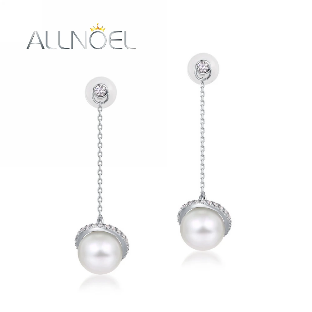 

ALLNOEL Solid 14K 18K 750 Gold Dangle Earrings For Women 7.5-8mm Fresh Water Pearls Party Gifts K Gold Jewelry ك الذهب bijoux