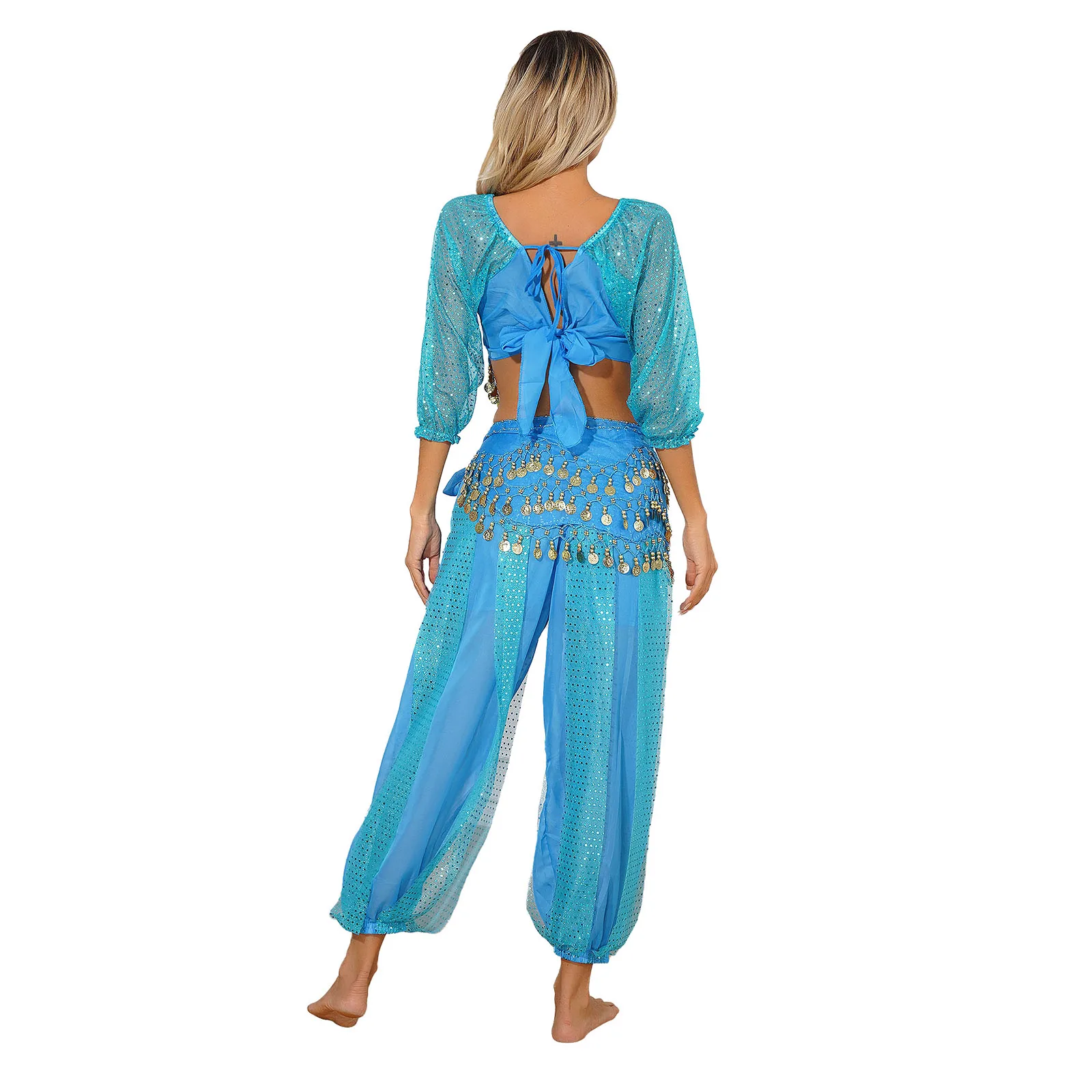 女性のへこみの衣装、ハロウィーンのロールプレイ、カーニバル、ステージパフォーマンスのコスチューム、ビーズ、ベル、トップ、ハーレムパンツ、ヒップスカーフセット