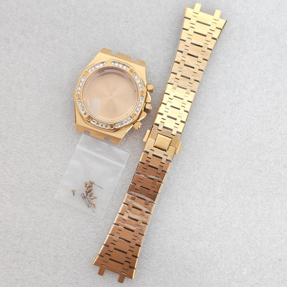 Watch Case+ Watch Strap for VK63 Movement 41mm Solid-Bottom Flat-Glass Stainless Steel Gold-Tone Case Bracelet Accessories