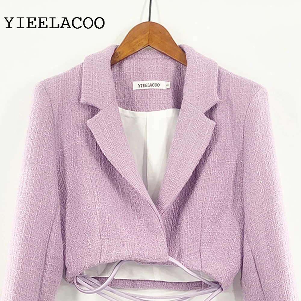 Light Purple Tweed  Jacket Women Waist tie decorative belt Spring / Autumn / Winter Woolen Coat New classic BlazerLadies