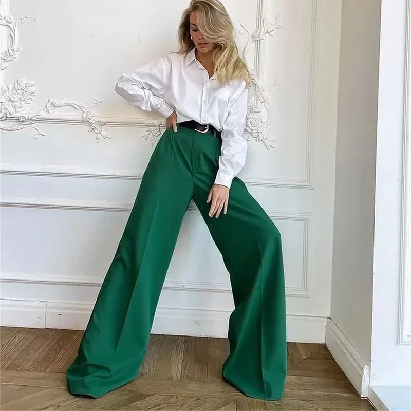 Pantaloni da donna blu da ufficio moda pantaloni larghi da donna a figura intera pantaloni larghi Casual a vita alta per le donne