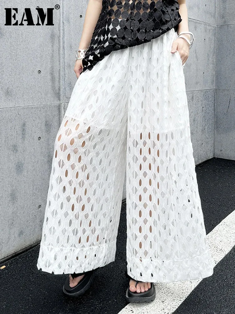 [EAM] High Elastic Waist Black Lace Hollow Out Long Wide Leg Pants New Trousers Women Fashion Tide Spring Autumn 2024 1DH5969