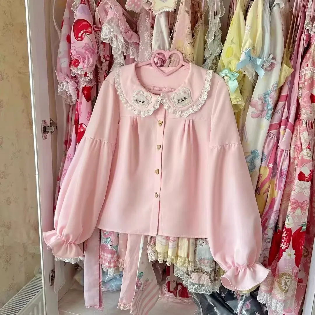 Japanese Lolita Blouses Women Sweet Kawaii Schoolgirl Puff Sleeve Bear Ear Embroidery Peter Pan Collar Pink Shirts Y2k Top Mujer