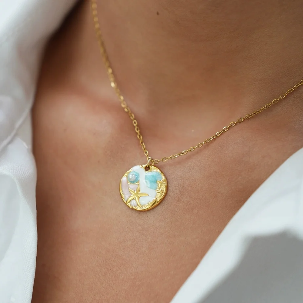 Summer vacation marine life necklace, fashionable irregular imitation pearl pendant necklace, beach travel jewelry gift