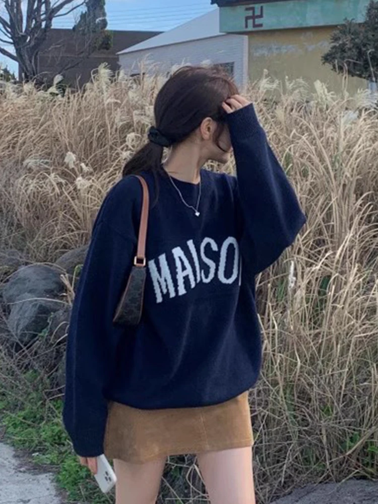 Chic automne hiver paresseux Sle rond Ne lettre imprimer ample décontracté tricoté Long Sve femmes pull confortable respirant