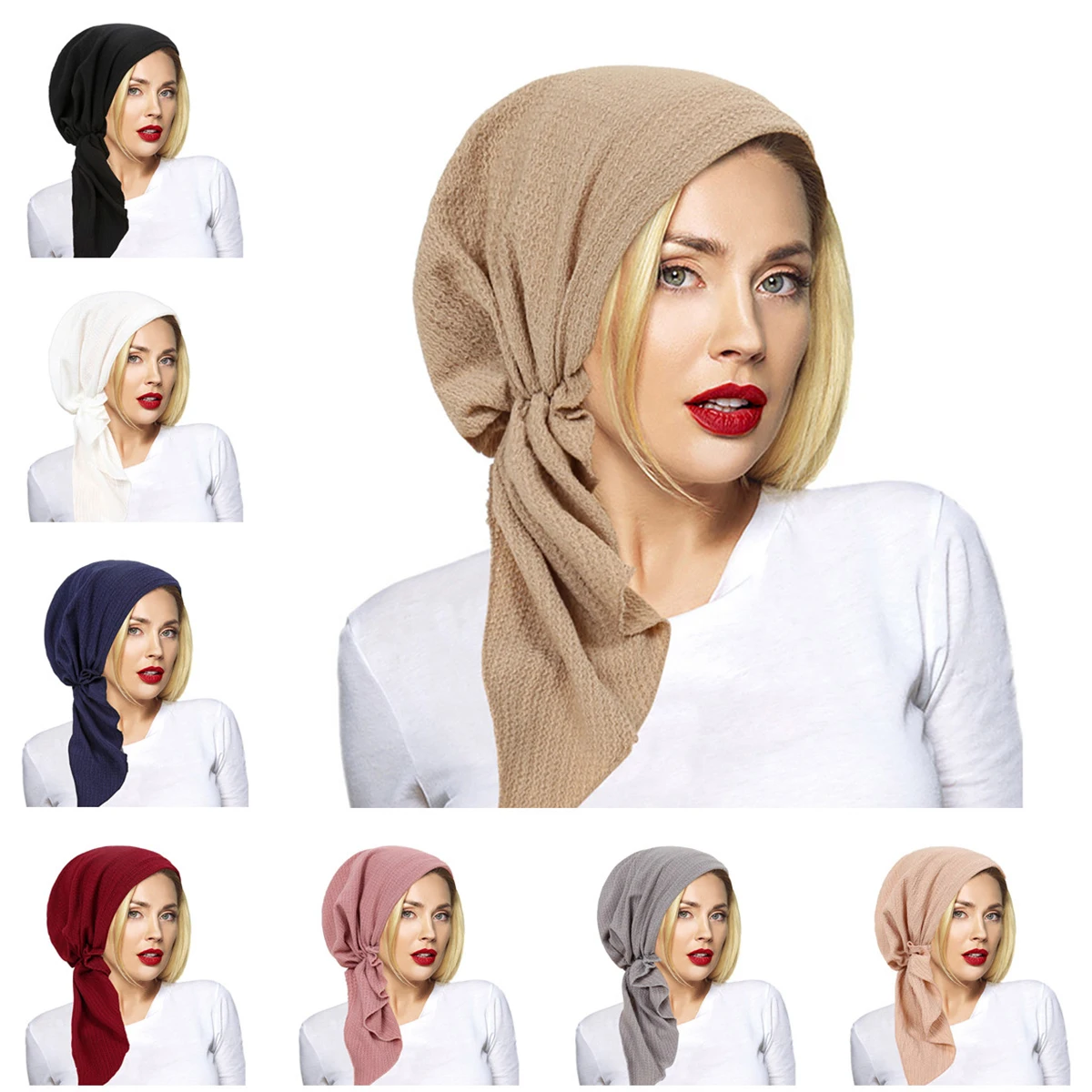 Ramadan Fashion Muslim Turban Hats Solid Color Curved Wave Hijabs Head Wraps Breathable Chemo Cap For Women Girls