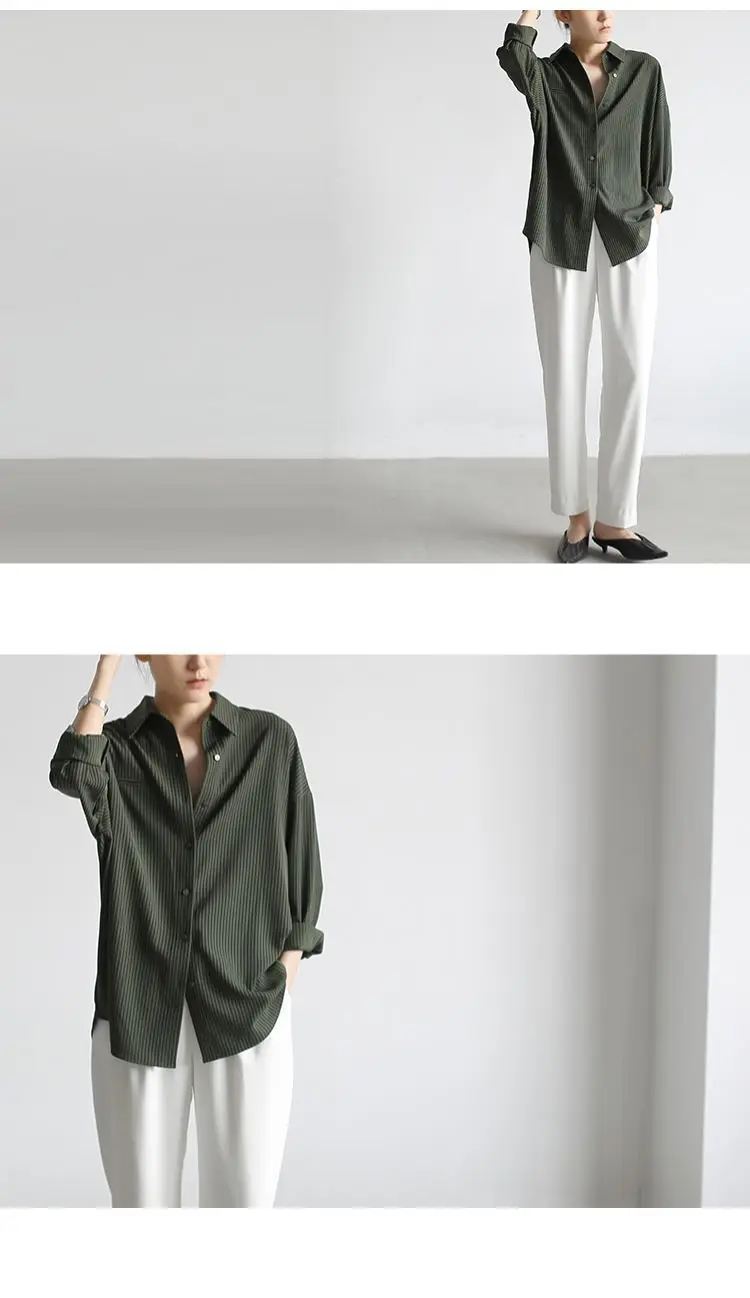 Women's Spring, Summer, and Autumn Shirt Design Feeling Small, Retro Hong Kong Style Loose Draping Green Stripe Top