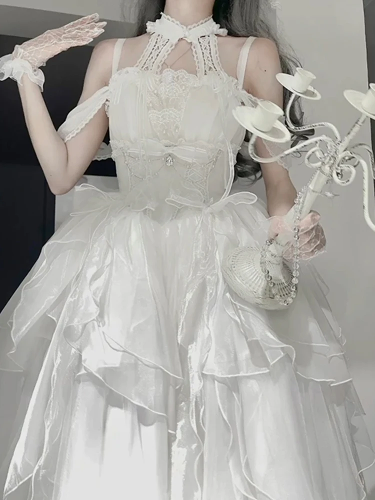 Designer Style White Dress Wedding Super Fairy Suspender Elegant Lolita Princess