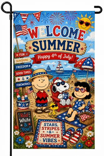 Garden Flag 12x18 double side Welcome SUMMER Snoopy Charlie brown New 4th July TTN