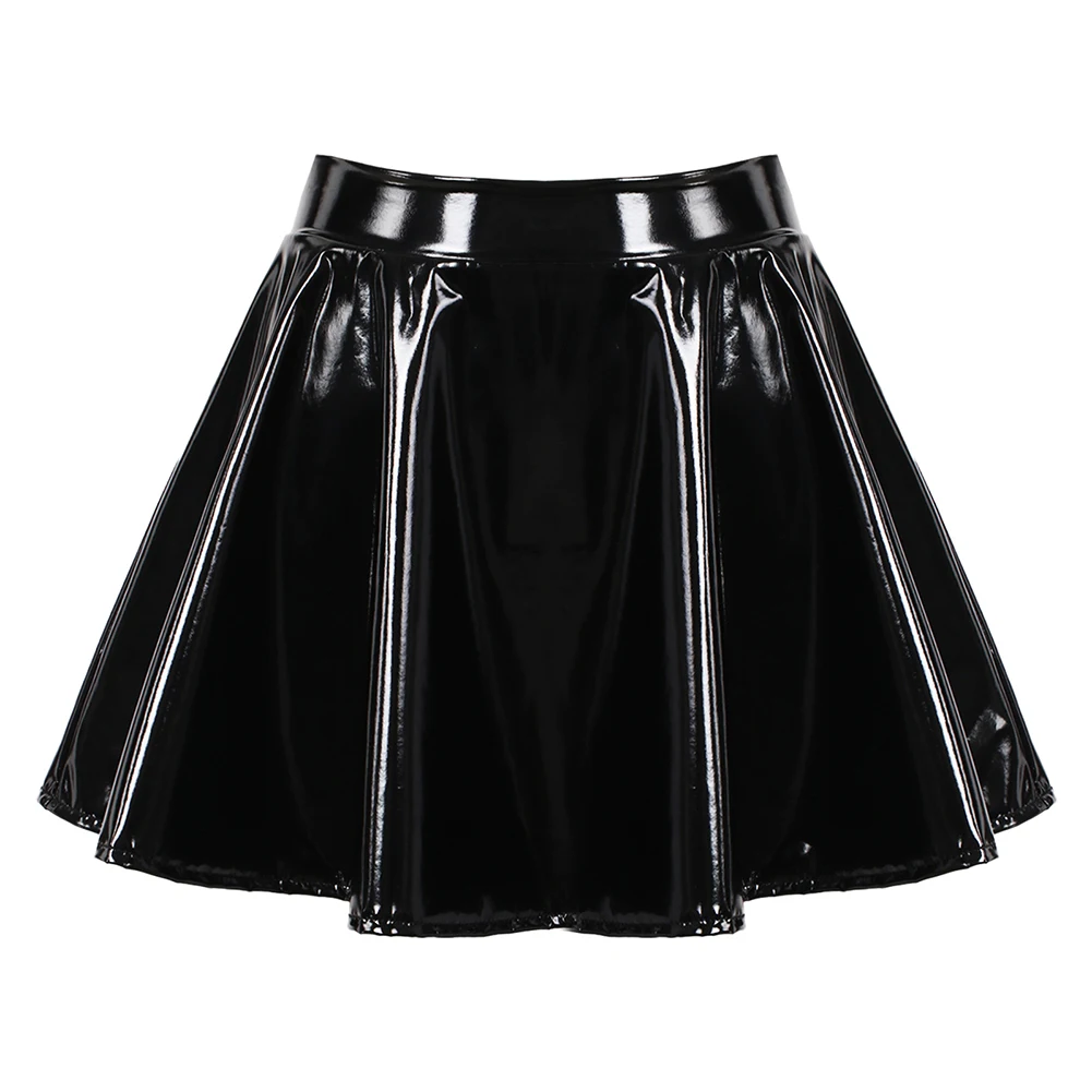 

Women Glossy Patent Leather Flared Miniskirt Dance A Line Skirt Clubwear Cosplay Costume Retro Style Elastic Waistband