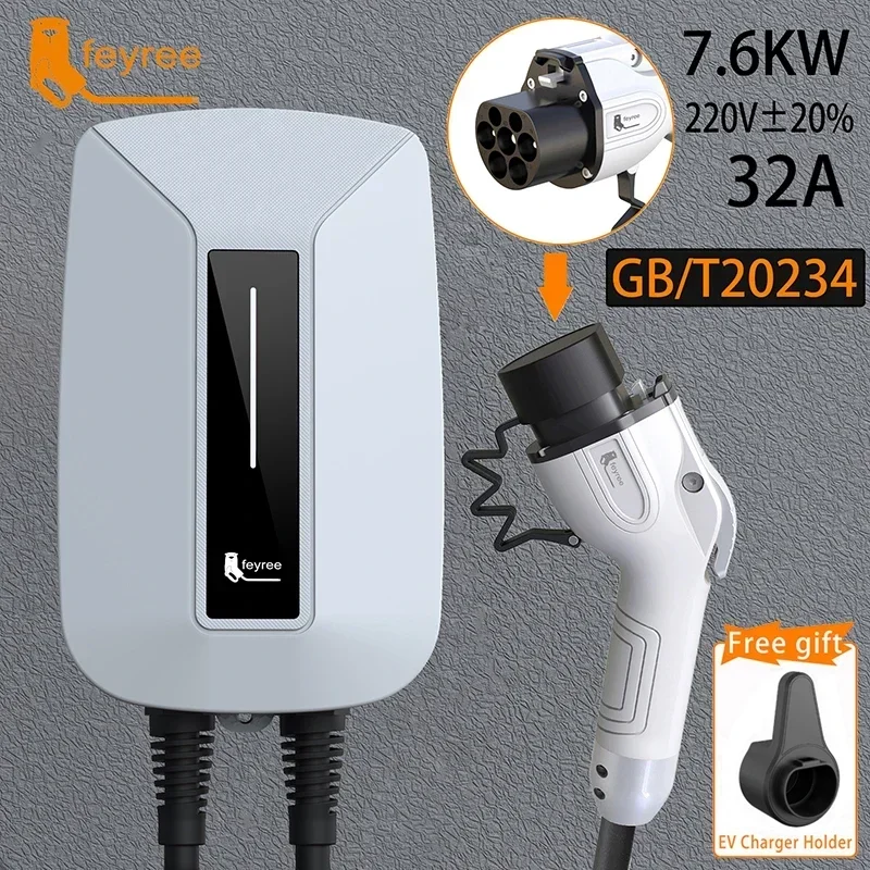 feyree EV Charger Type2 Cable EVSE Wallbox 32A 7KW IEC62196-2 Socket 1Phase 5m Cable Wallmount Charging Station for Electric Car