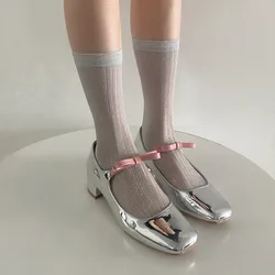 Nylon Breathable Elastic Long Socks Women Korean Fashion Solid Color Silver Silk Socks Casual Harajuku Streetwear Crew Socks Sox